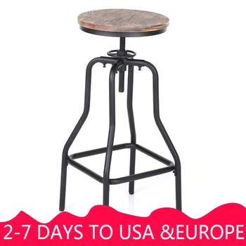 

iKayaa Bar Chairs Metal Industrial Vintage Bar Stool Height Adjustable Swivel Pinewood Top Retro Kitchen Dining Chair Pipe