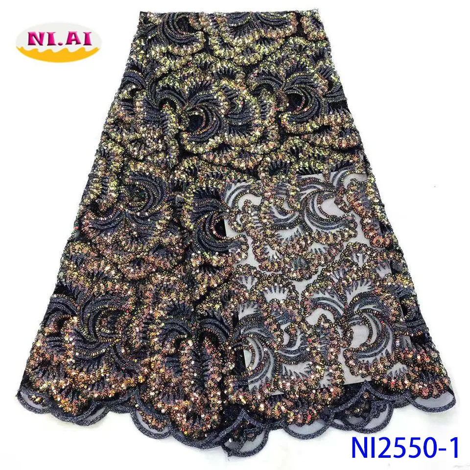 NIAI африканские нигерийские кружева с блестками ткани высокое качество кружева вышитые французский Тюль кружевная ткань для женского платья NI2550-3