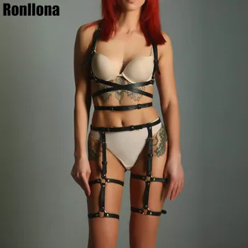 

Ronllona Leather Harness Underwear 2 Piece Sets Garter Belts Sexy Women Waist To Leg Bondage Cage Straps Bra Garters Body Belts