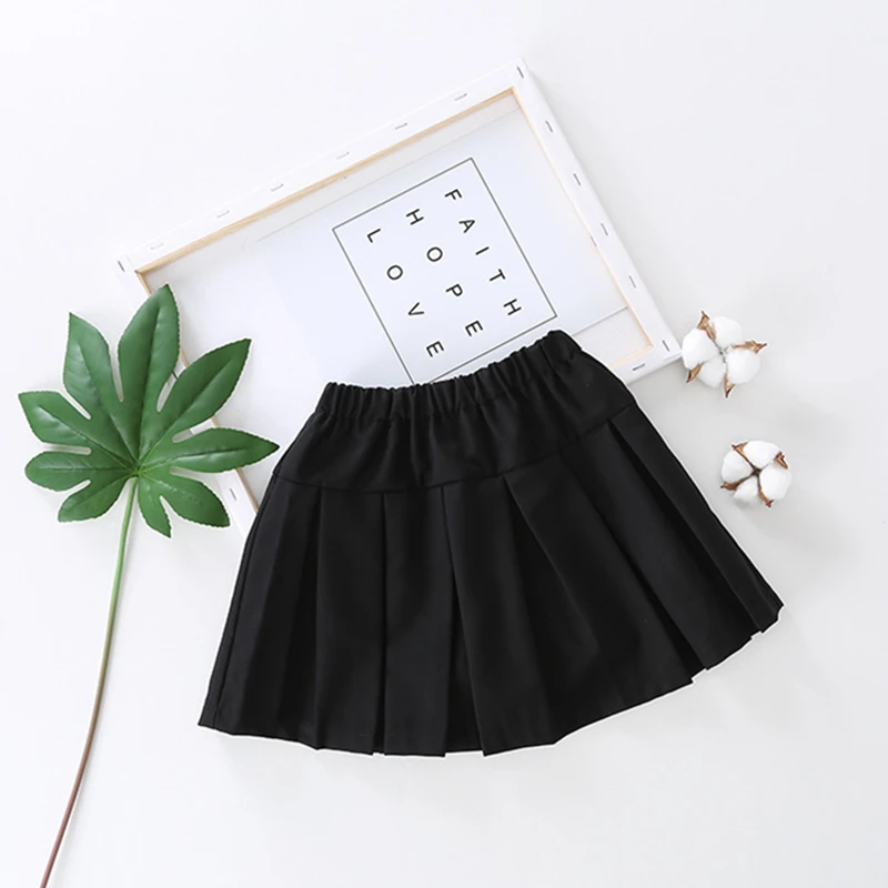 black Spring Autumn School Kids Pleated Skirt Toddler Girls Solid Cotton Skirts Princess Teens Girls Elastic Skirt Children Clothing - Цвет: black