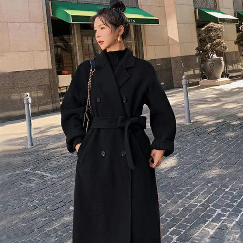 

Winter Elegant Wool Blend Women Korean Fashion Black Long Coats Vintage Thick Warm Woolen Overcoat Camel Oversize Outwear Y747