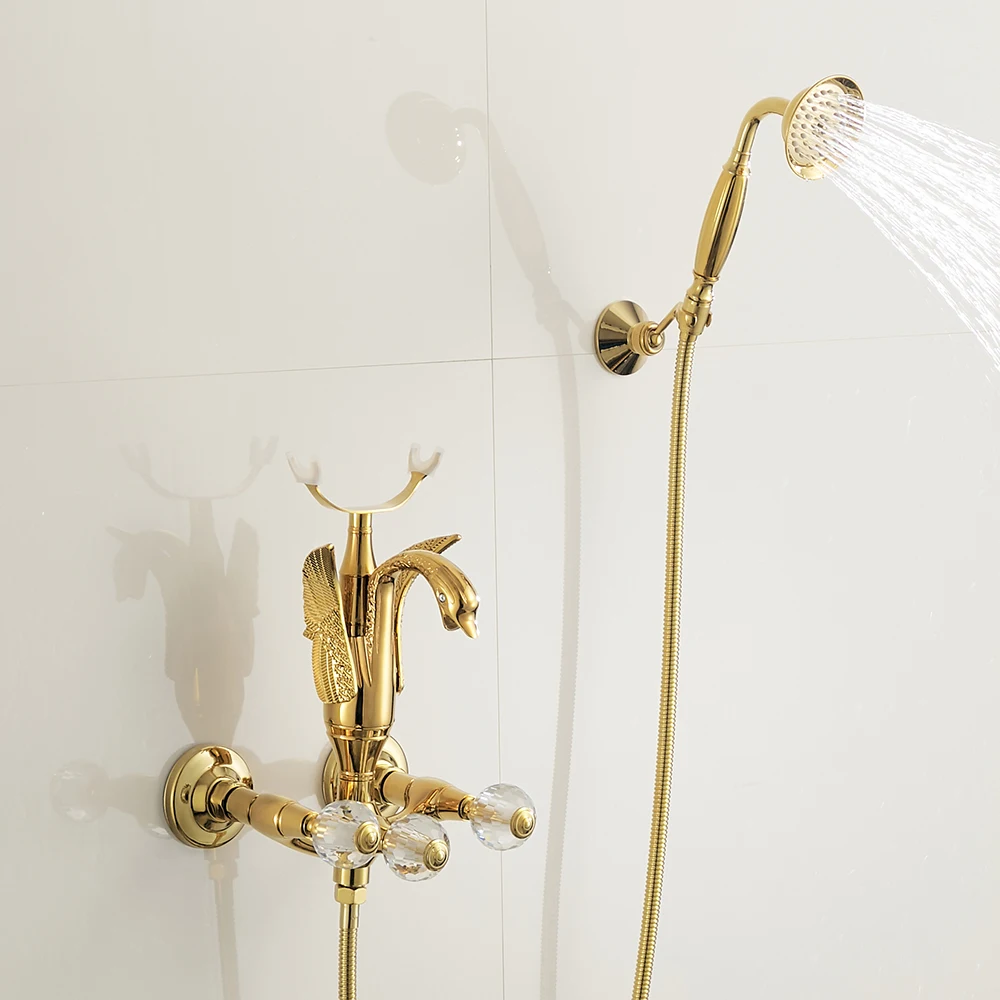 

Bathtub Faucets Luxury Gold Brass Bathroom Faucet Mixer Tap Wall Mounted Hand Held Shower Head Kit Shower Faucet Sets 877898