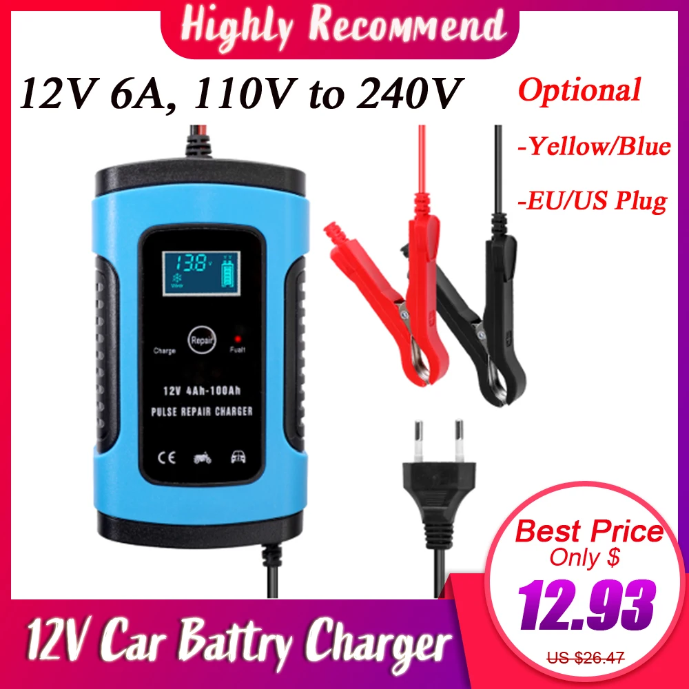 

Full Automatic Car Battery Charger 110V 220V 12V 6A Intelligent Fast Power Charging Pulse Wet Dry Lead Acid Digital LCD Display