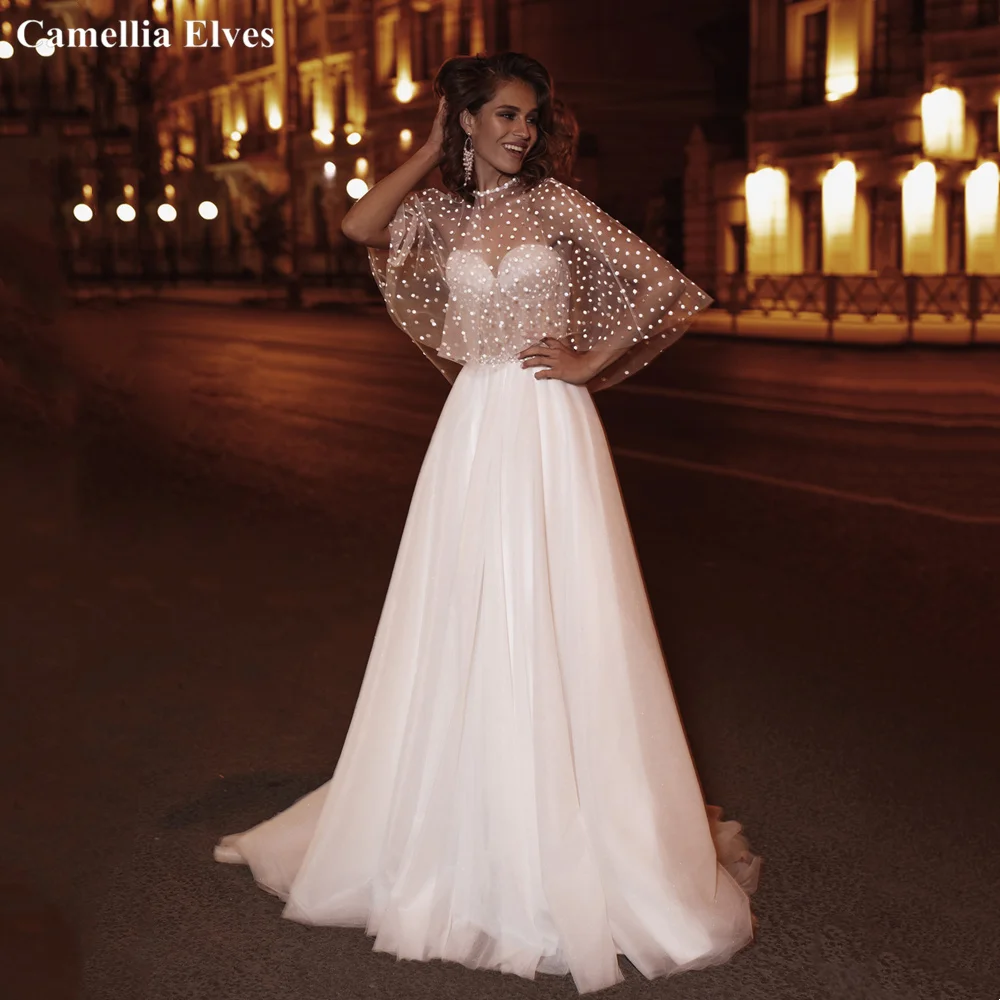 Modern Design A Line Wedding Dress With Cape Sexy Slit Bride Dresses Sequins Corset Bridal Gown Illusion Back Vestidos De Novia | Свадьбы и