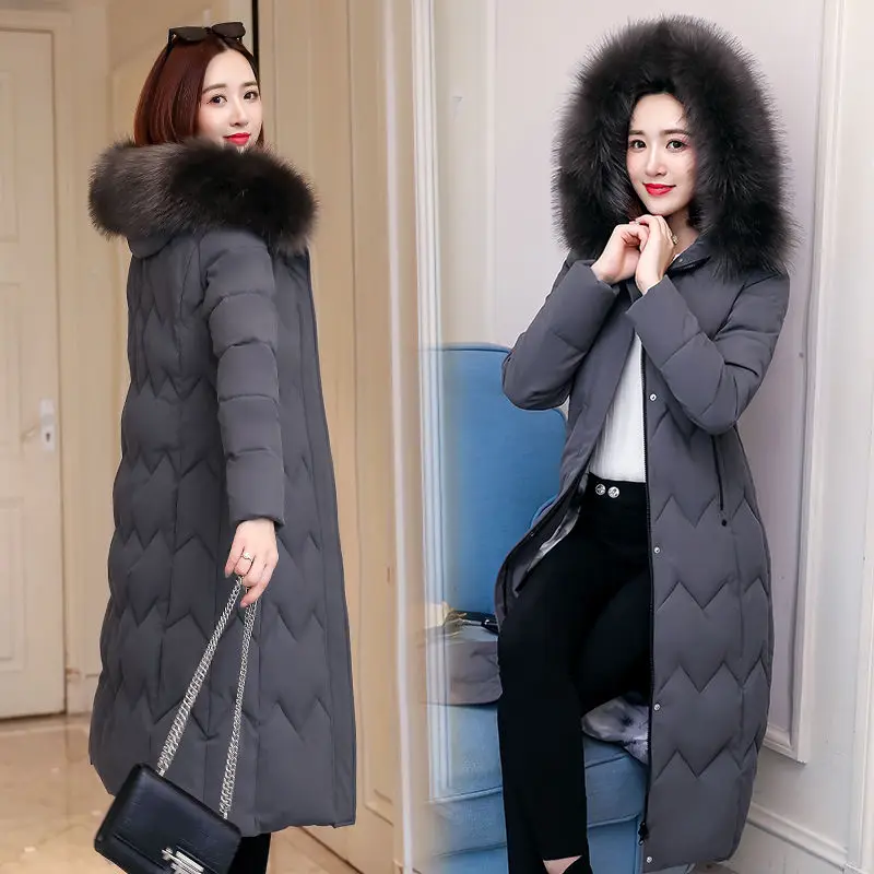 Plus Size 4XL 5XL Winter Jacket Women Hooded Fur Collar Jacket Female Warm Long Winter Coat Women Slim Thicken Parka Mujer C5935 - Цвет: gray coat