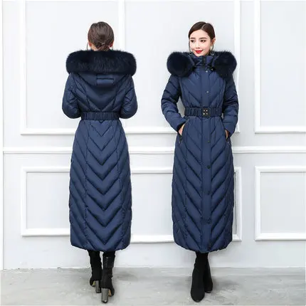 Blue Xie Tcyeek, Модный Зимний пуховик для женщин, Воротник из лисьего меха, тонкий пуховик, Женская длинная парка, женская элегантная верхняя одежда с капюшоном Hiver 18179 - Цвет: Blue Xie