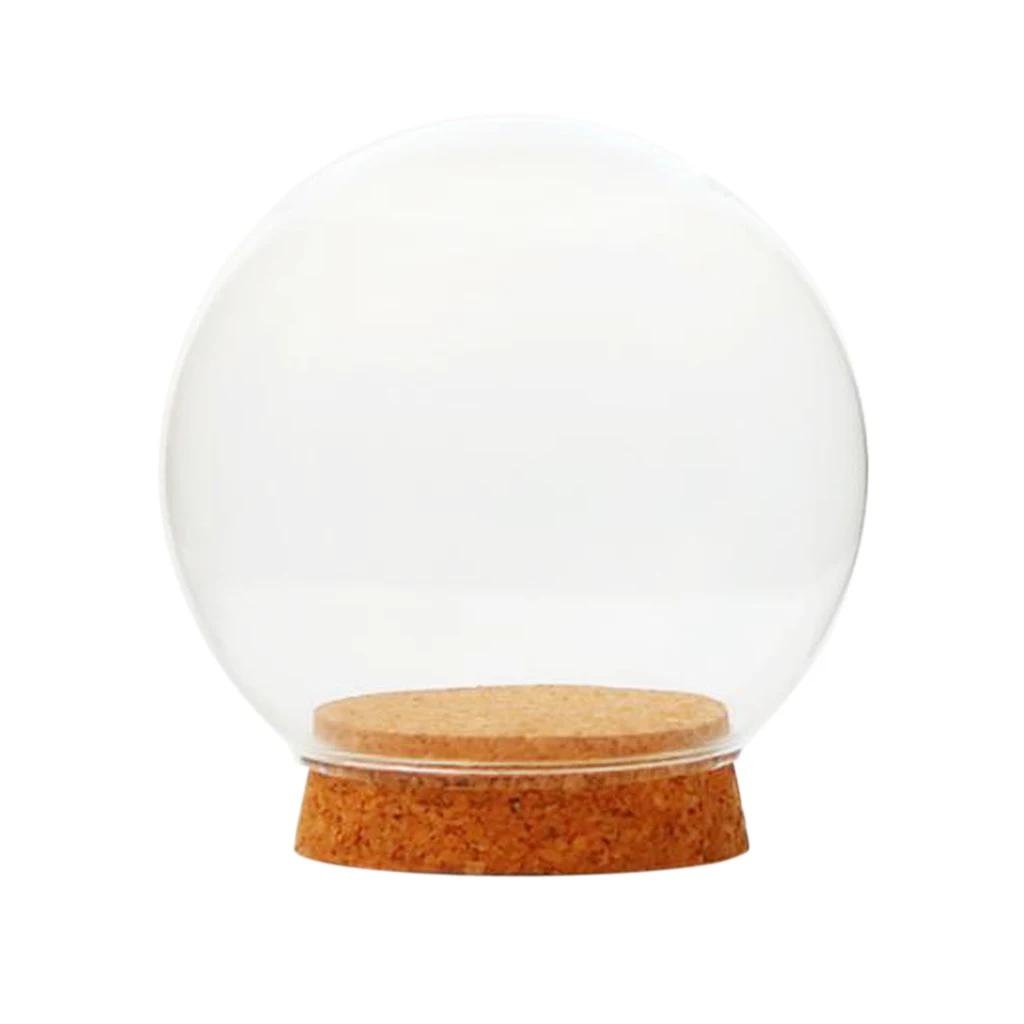 Glass Display Cloche Terrarium Ball Shaped Cover Cork Base with Wooden Base