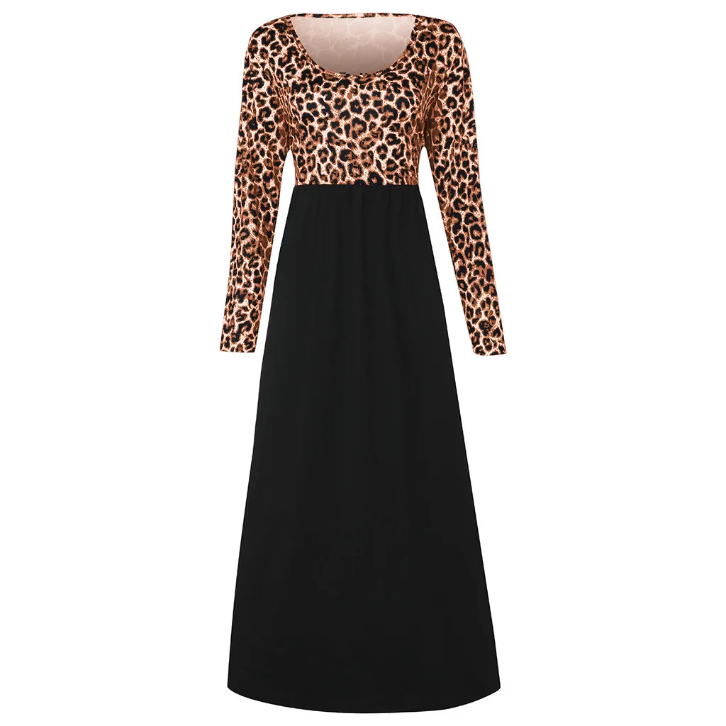 MISSOMO Макси платье женское леопардовое с О-образным вырезом с длинным рукавом и карманами длинное платье свободное винтажное праздничное платье размера плюс S-5XL 822