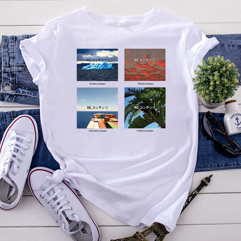 T-Shirts Jigsaw Landscape Japanese Letters Women'S Tshirts Funny Korean Style Woman T Shirt Oversize Fashion Women Tee Shirts