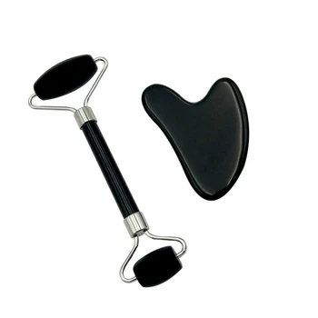 

Natural Obsidian Massage Roller Double Head Jade Stone Facial Massage Roller Guasha Set Tool Silver