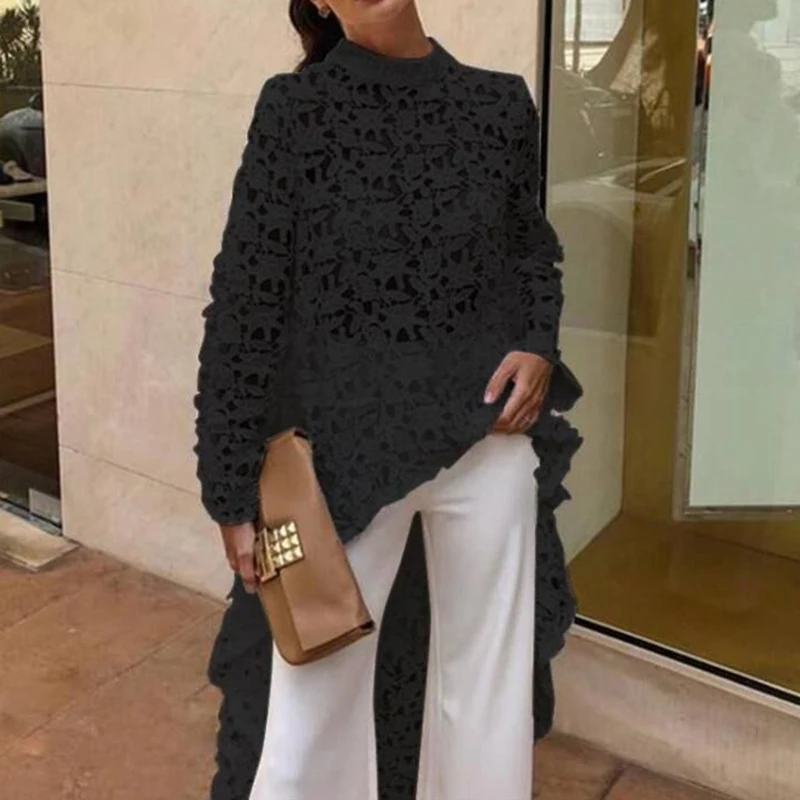 

2019 New Autumn Women Turtleneck Floral Lace Crochet Tunic Pullover Irregular Loose Long Blouses Shirts Tops Ladies Size S-XL