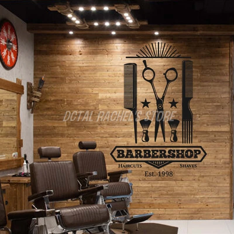 Large Vinyl Wall Decal Barbershop Hair Cut Shaves Scissors Stickers Mural Large Decor