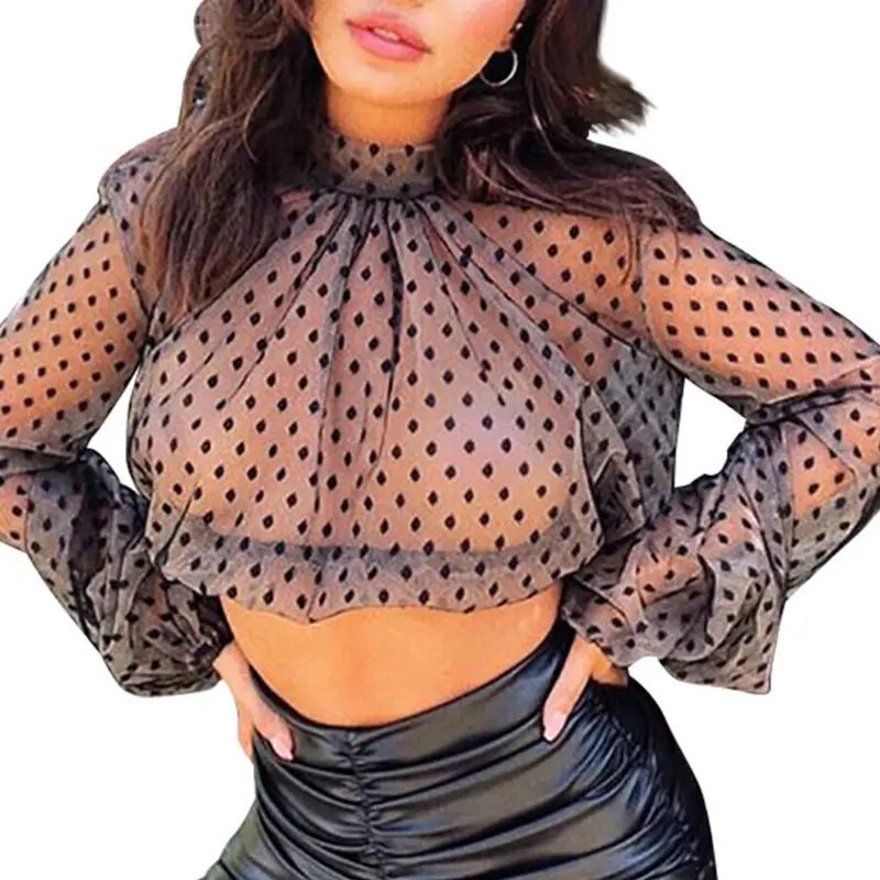 Womens Sexy Sheer Mesh Long Lantern Sleeve Vintage Polka Dot High Neck Crop Top Slim Fit Office Party Clubwear - Цвет: C2