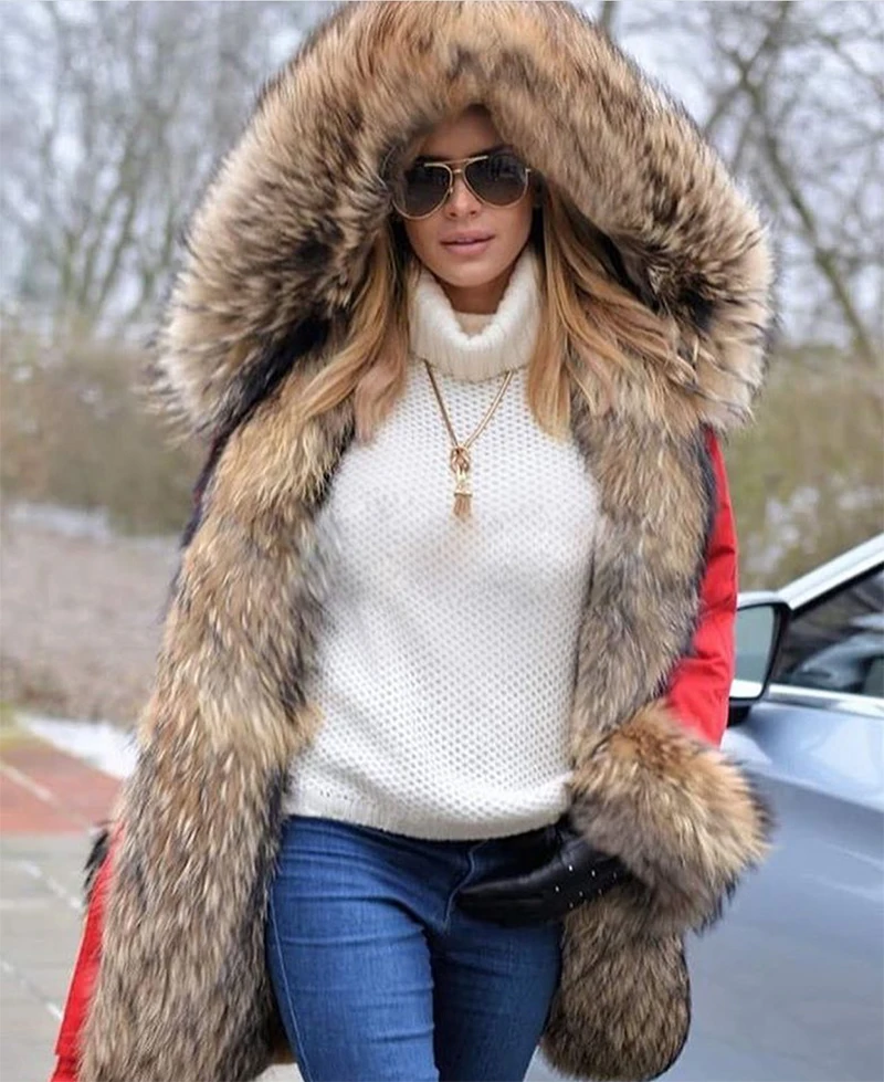 

EIFURKOP New Real Natural Raccoon Fur Collar Parka Full Pelt Women Genuine Fur Parkas Winter Warm Hooded Jacket with Fur Cuffs