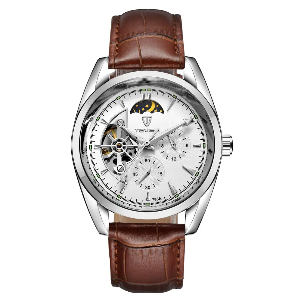 TEVISE Men Watch Tourbillon Automatic Leather Strap Watches Luxury Moon Phase Mechanical Waterproof Watch Hollow Out Dial 795a