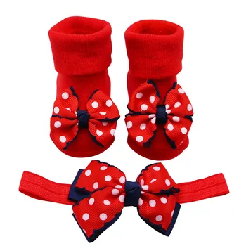 

2 PCS/Set Red cotton Baby Socks Girls Toddler New Born Sock And Bow Headband Infant Anti-Slip Socks Birthday Sock 0-2Years