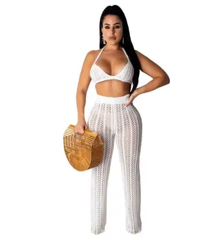 

2020 Women Summer Knitted Hollow Out Halter Neck Bra Top Straight Pants Suit Two Piece Set Sexy Party Tracksuit Outfits