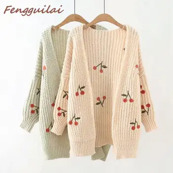 

New Autumn Spring Women Long Sweater Cherry Embroidery Pattern All-match Jacket Coats Cute Long Sleeve Knitting Cardigans Plus