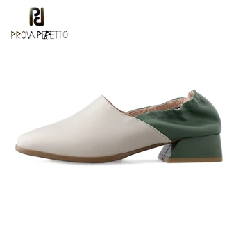 

Prova Perfetto Leisure Style Mixed Color Soft Leather Women Pumps Square Toe Chunky Heel Slip on Comfortable Ladies Work Shoes