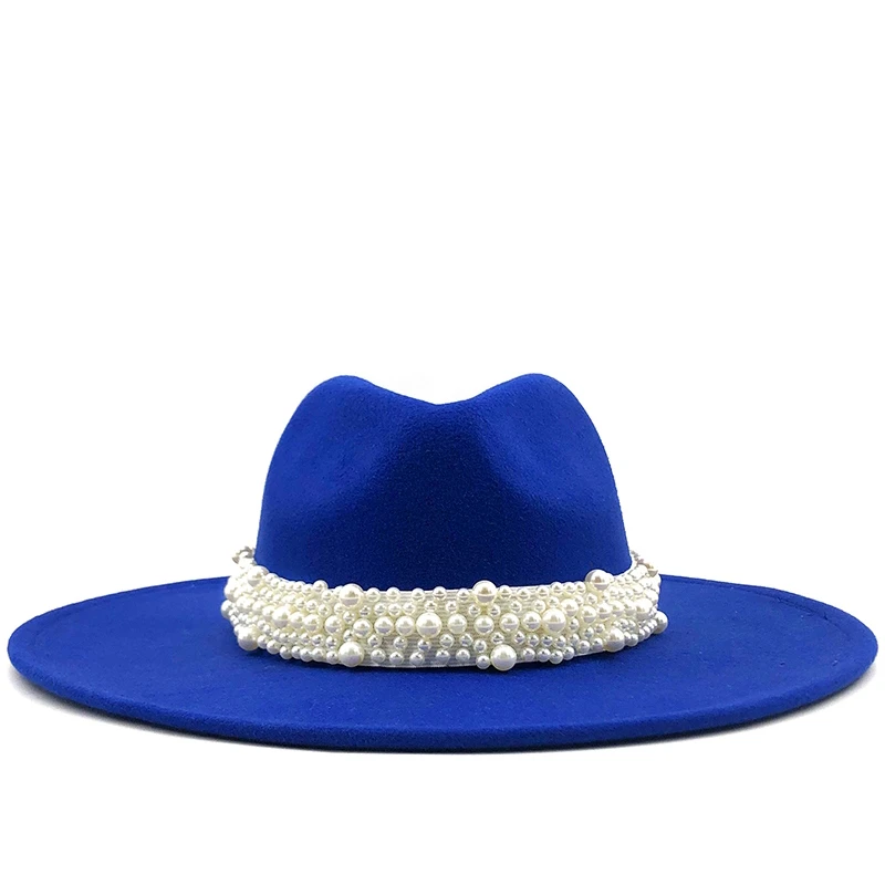 

Hot British Style winter wool solid Classic fedoras cap men women panama jazz hat Pearl band 9.5CM Wide Brim Big white Fedoras