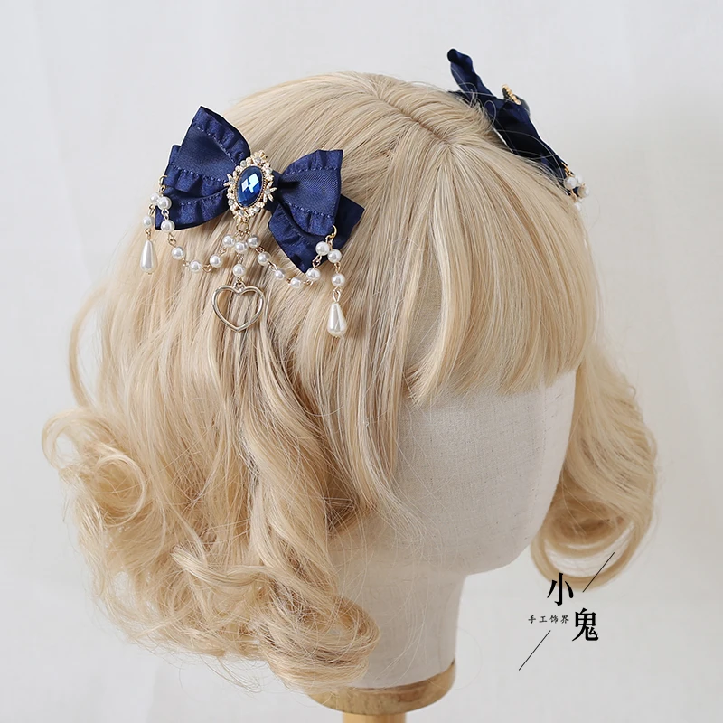 Original Hand-Made Tea Party Lolita Hairpin Cute Sweet Bow Pearl Chain Headwear Princess Cosplay Lolita Halloween Headdress