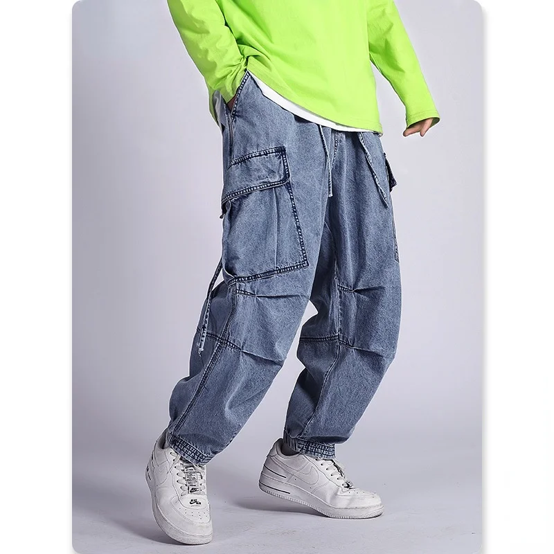Retro Cargo Jeans Men Casual Pants Japanese Loose Multi Pockets Fashion Harajuku Pants Summer New Hip Hop Male Jogging Trousers 1