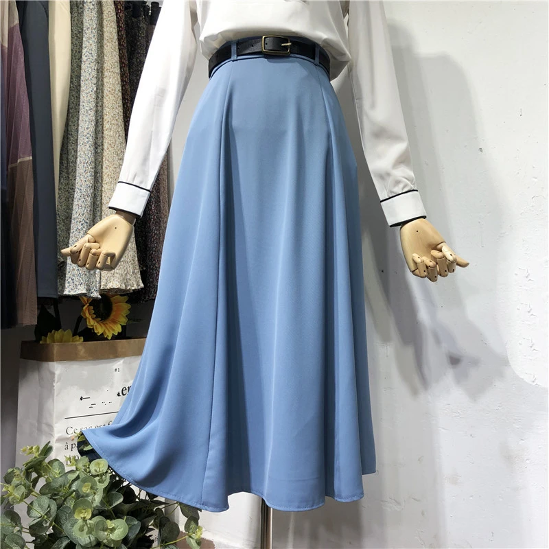 REALEFT 2021 New Spring Summer Umbrella Women's Skirts with Belted High Waist Solid Elegant A-Line Female Office Mi-Long Skirts