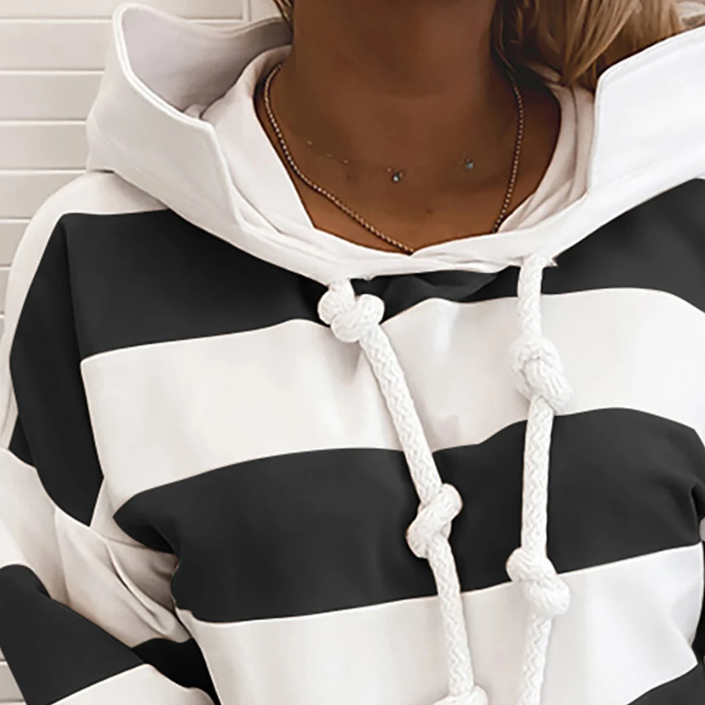 Women Casual Autumn Stripes Color Block Drawstring Hood Sweatshirt Hoodie Blouse Hand Wash with Hood Regular Polyester Spandex