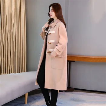 

High Quality Woolen Jacket Female 2019 Autumn And Winter New Temperament Coat Fashion Over The Knee Horn Buckle Wool Parkas Y594