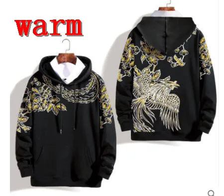 Hoodies warm Осень Зима Harajuku Japaneser кран печатных толстовки мужские повседневные свободные негабаритных 5XL Толстовка с капюшоном трендовые карманы плюс бархат - Цвет: Hoodies warm