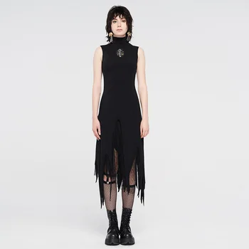 

PUNKRAVE Women's Darkness Magic Irregular Knit Dress Gothic Stretch Knit Slim Fit Daily Sleeveless Long Dresses