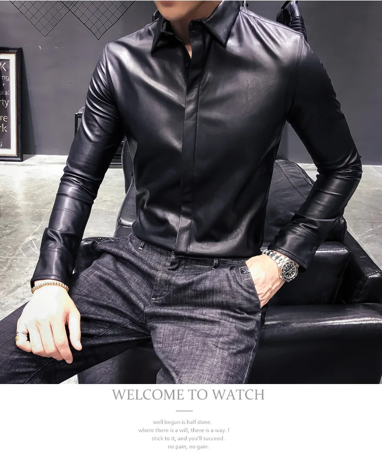 Модная Корейская-Стиль осень стиль владельца магазина-Стиль Slim Fit Sportsman кожаные пальто Для мужчин рубашка воротник раскладная кровать с отложным воротником жесткая