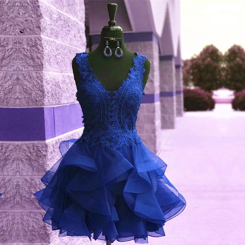 Бордовые кружевные короткие коктейльные платья с аппликацией и оборками, королевское синее Мини платье для выпускного вечера с v-образным вырезом, Модные Недорогие платья для выпускного вечера - Цвет: Same as Image