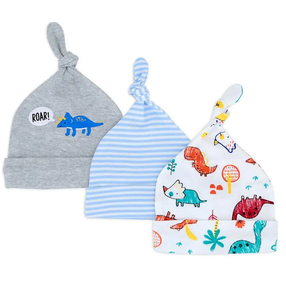 dinsor hats 3 шт./партия, детские шапки, хлопковые детские колпачки для новорожденных мальчиков и девочек, мягкая детская шапка с принтом, аксессуары для детей 0-6 месяцев, длина регулируется - Цвет: dinsor hats
