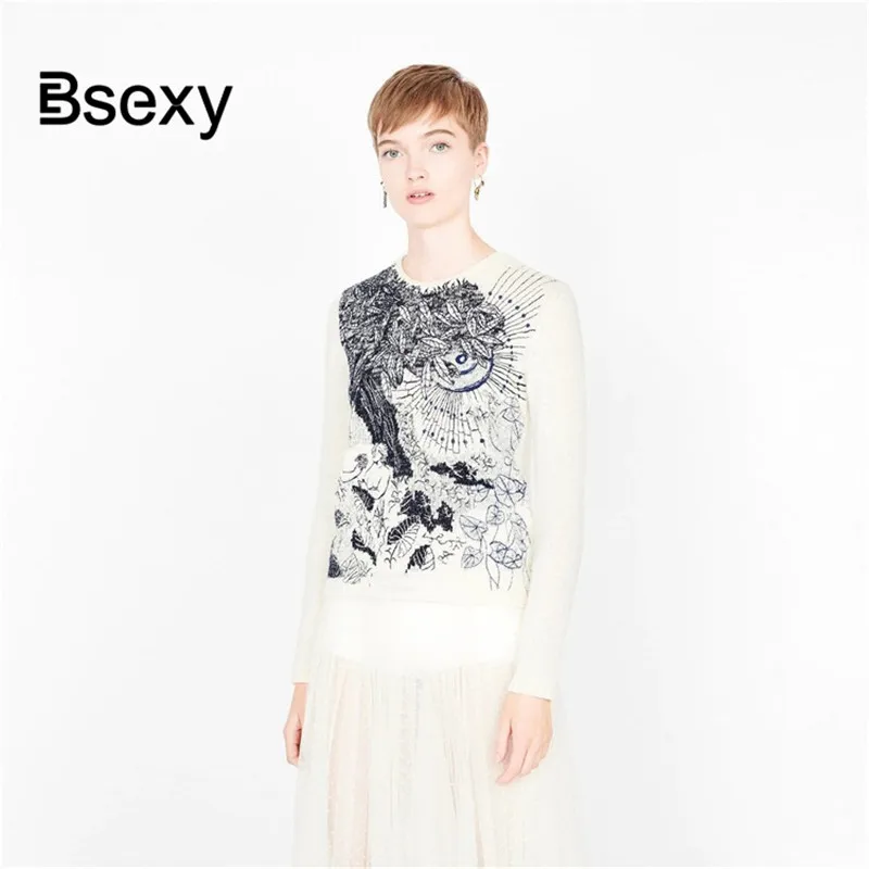 

2020 Women's Sweater NEw Spring Leaves Embroidery Loose Pullover White Sweater Runway Knitted Jumper