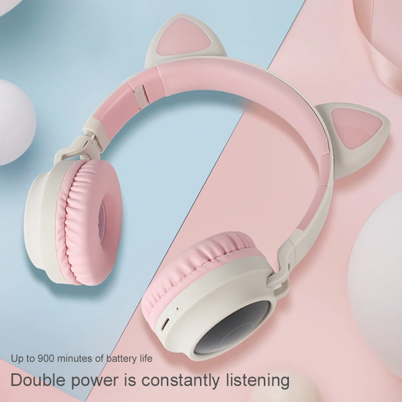 Cartoons Head Mounted Wireless Bluetooth Headphones Kid Pink Cat Ear Foldable Stereo Sound Luminous Headset Kids Earphone