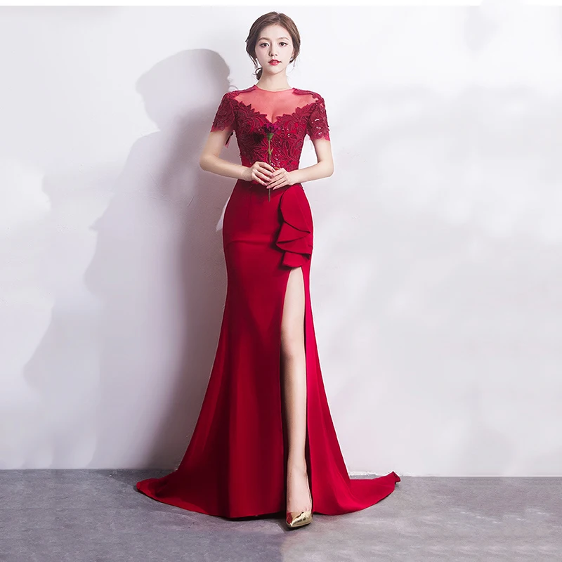Элегантное выдолбленное синее платье Cheongsam, сексуальное тонкое платье русалки со шлейфом, Изысканное вечернее платье с блестками, Ретро платье Vestidos