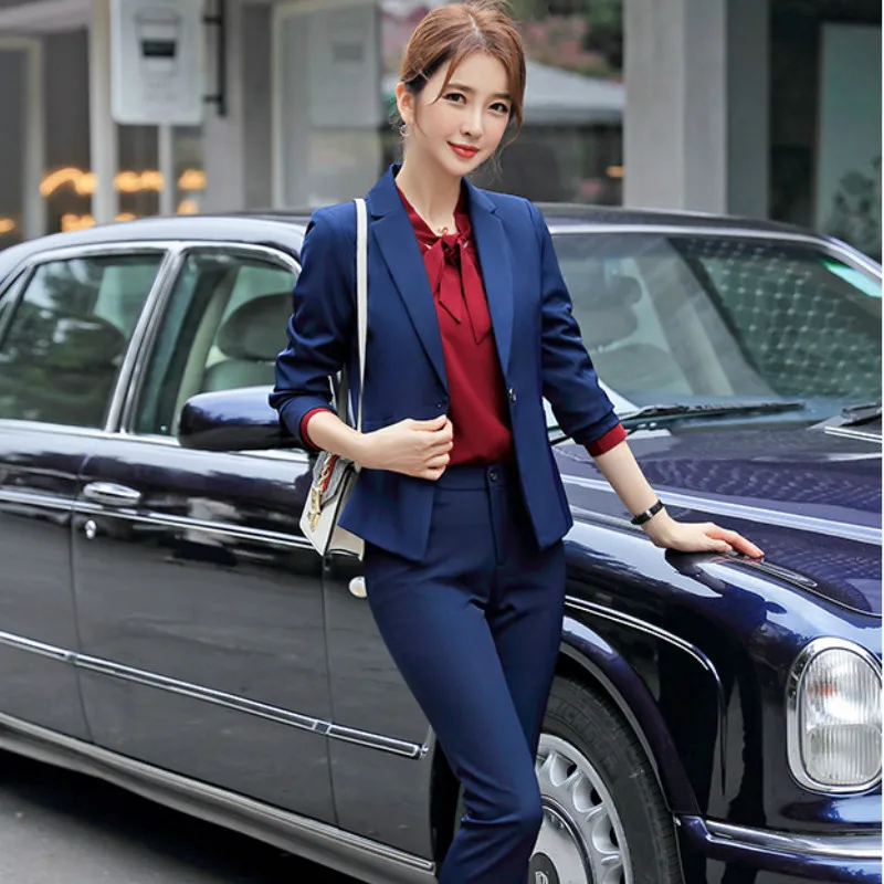 blue pant suits Костюм женский брючный костюм женский костюмы женские женский костюм осенне-зимняя женская одежда элегантный формальный костюм офисные женские деловые костюмы со штанами Женский комплект из 2 предметов с блейзером - Цвет: blue pant suits