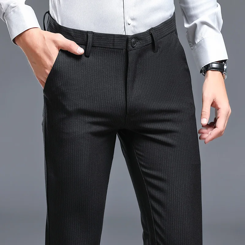Spring Casual Social Business Streetwear Men Suit Pants Korean Slim Stretch Striped Trousers Autumn Fashion Wedding Men's | Мужская