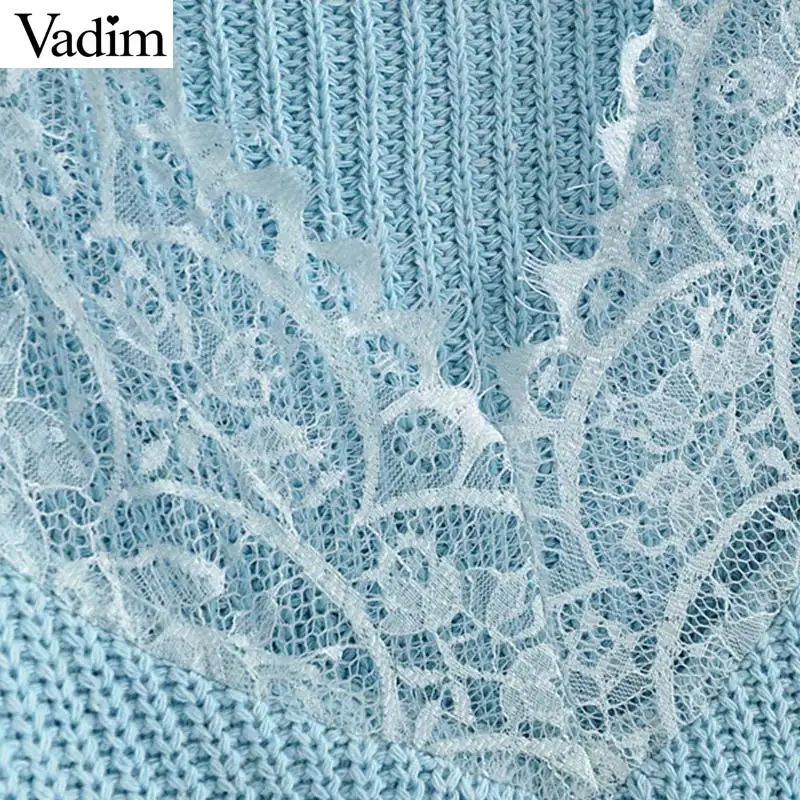 Vadim, милый, Женский украшение кружевом, вязаный свитер, v-образный вырез, длинный рукав, эластичный короткий Стильный пуловер, Женский Повседневный однотонный топ, HA429
