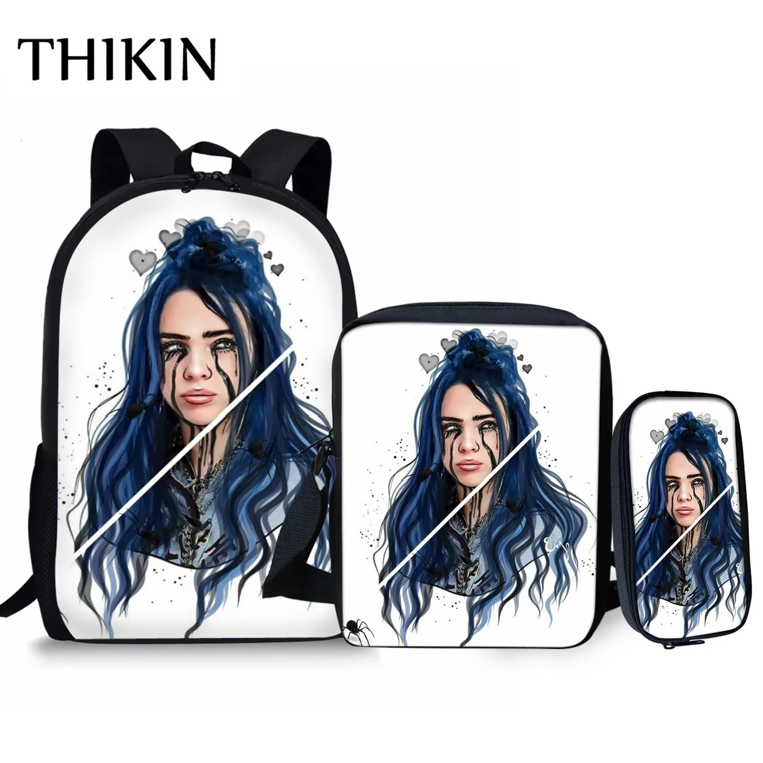 Рюкзак THIKIN Sunflower Billie Eilish с принтом, 3 шт., школьные сумки для девочек-подростков, популярная Повседневная сумка, певица, раппер, пенал - Цвет: As picture