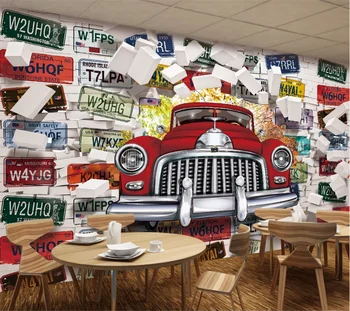 

Custom 3D 8D wallpaper mural European and American retro vintage license plate through the wall background wall mural