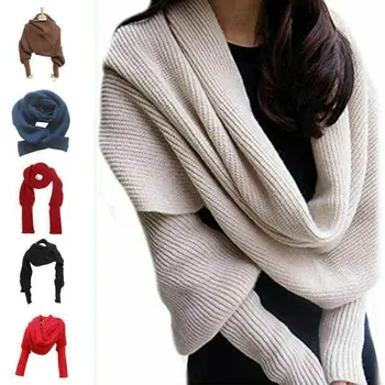 

Women Knitted Sweater Tops Warm Knitted Scarf With Sleeve Wrap Shawl Scarves HOT