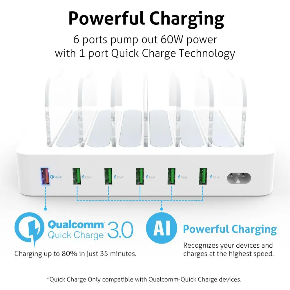  Soopii Quick Charge 30 60 W/12A 6 puertos para múltiples dispositivos USB de estación de carga 6 Ca