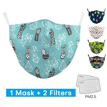 

Cyan-Blue Cartoon Cactus Plant Child Mask Printed Fabric Mask with 2PCS Free Adjustable Ear Filters PM 2.5 Filter Anime Mask