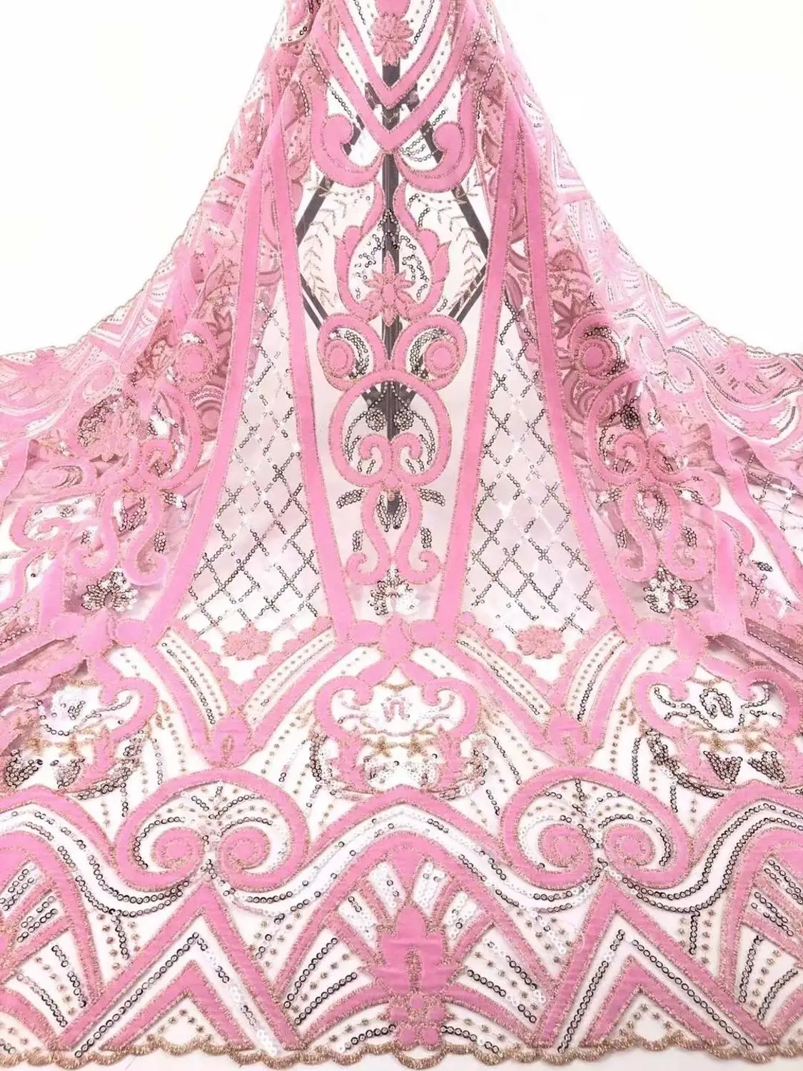 

African lace fabric 5yds/pce pink velvet sequins embroidery mesh fabrics women gorgeous big shiny swiss lagos party asoebi 2020