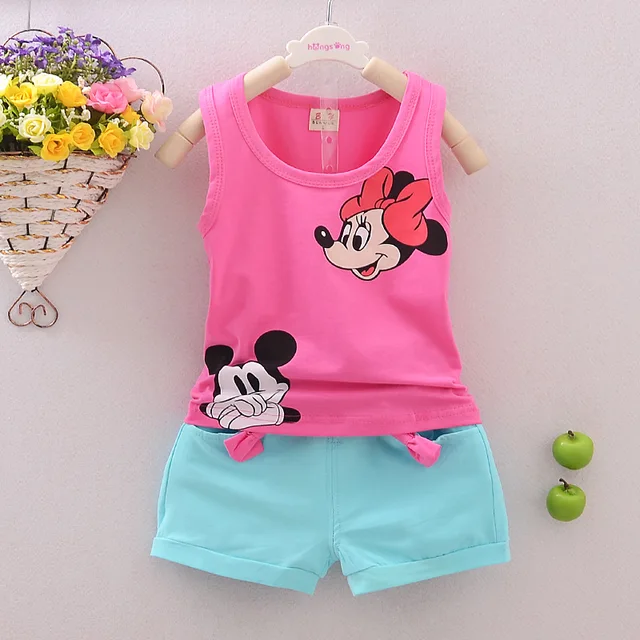 Summer Baby girls Clothes Set Cartoon Mickey Minnie Mouse Kids Clothes Vest Tops+Shorts 2 PCS Set Princess Tracksuit Outfits boy 2