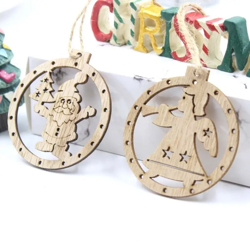 

Set of 6 Wooden Hanging Hollow Snowflake Santa Elk Pendant Xmas Tree Ornament Christmas Party Decoration DIY Wood Craft Kid Gift