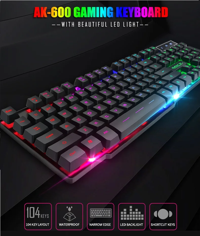 Игровая клавиатура 7 цветов RGB Blacklit с многоязычной наклейкой
