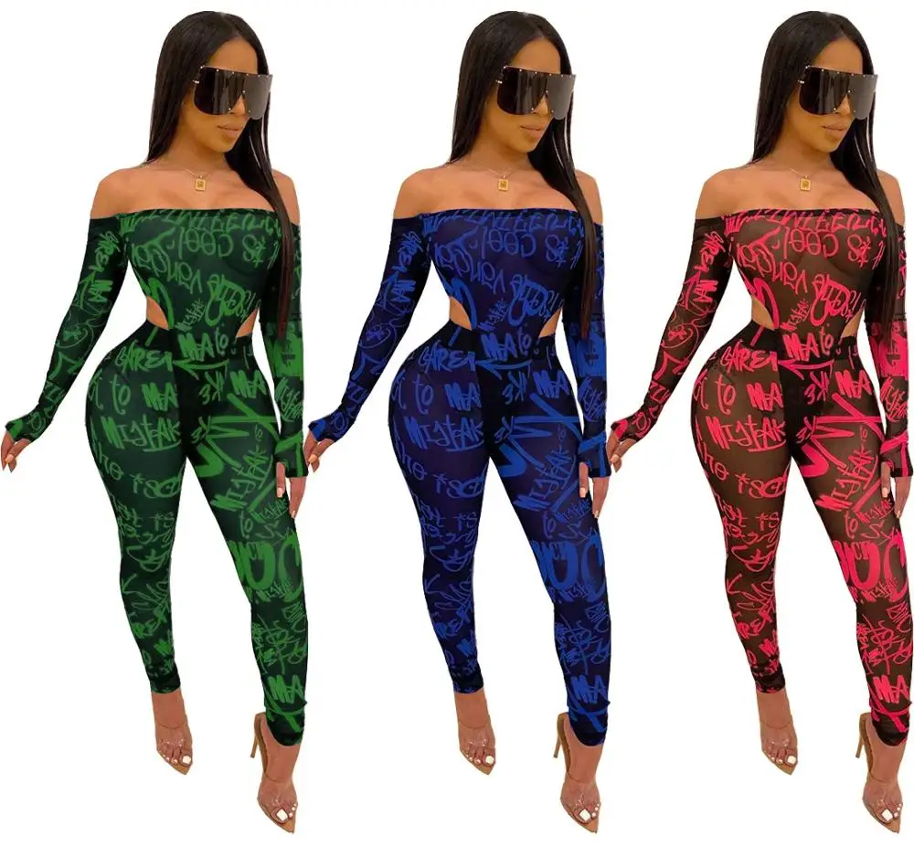 

Sheer Mesh Two Piece Set Summer Matching Sets for Women Long Sleeve Bodysuit Pants Set Conjuntos Mujer Verano Sexy Club Outfits
